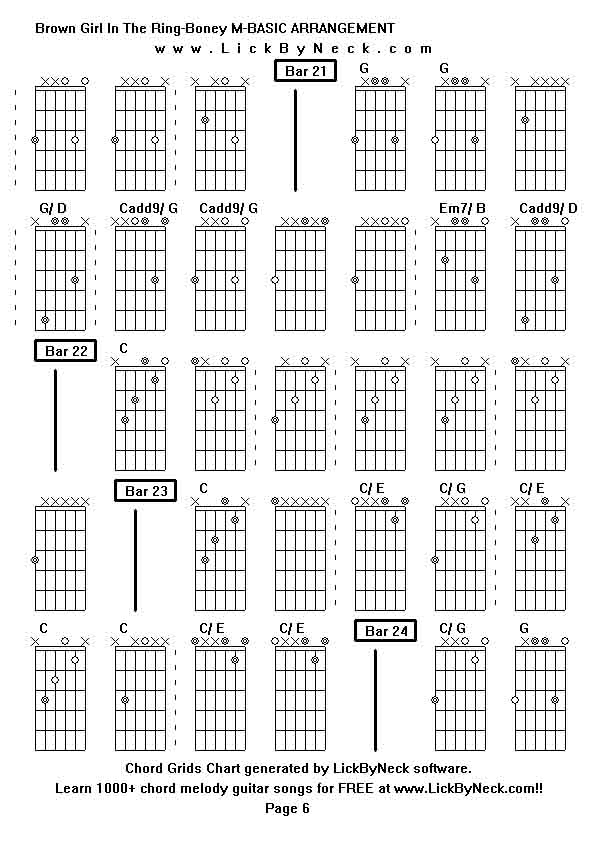 Chord Grids Chart of chord melody fingerstyle guitar song-Brown Girl In The Ring-Boney M-BASIC ARRANGEMENT,generated by LickByNeck software.